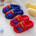 Pair Of Kids' Plush Slippers With Spider-Man Print Design, New Autumn/Winter Style For Boys - Black/Blue/Red Options, Easy Slip-On Baby Shoes, Lightweight And Comfortable Indoor Floor Mats, Perfect Holiday Gift, Ideal For Fall Winter Summer, Fashion Statement, Winter Accessory, Cartoon Print, Kids Footwear, For Teenager, For Outdoor - Image 2