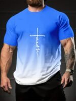 Men'S Gradient "Faith" Letter Print T-Shirt - Casual Crew Neck, Short Sleeve, Comfortable Polyester Blend, Machine Washable - Stylish Summer Top With Color-Changing Design - Image 2