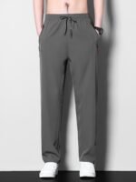 1Pc Men'S Plus Size Casual Sports Pants, Polyester Stretch, Solid Color, Regular Fit, Zipper Detail, Spring/Summer Collection - Image 10