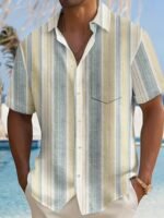 Men'S Casual Striped Short Sleeve Button-Up Shirt - Light Blue & White Vertical Stripes, Collar, Regular Fit Summer Casual Wear, Short Sleeve Button Blouses, Plus Size - Image 3