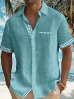 Men'S Casual Short Sleeve Shirt With Plaid Print & Tropical Palm Tree Graphic - Breathable Button-Up Shirt With Pockets, Machine Washable Summer Shirt For Beach & Casual Outings, Plus Size - Image 4