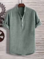 Men'S Solid Color Henley Collar Short Sleeve Shirt, Plus Size - Image 2
