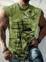 Men'S Plus Size Pirate Ship Graphic Tank Top - Breathable Polyester, Street Style Sleeveless Shirt For Summer, Plus Size - Image 2