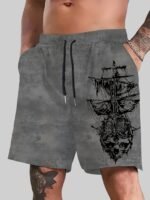 Men'S Skull & Ship Print Beach Shorts - Lightweight Quick-Dry Polyester Swim Trunks With Adjustable Drawstring Waist, Regular Fit Casual Swimwear For Surfing, Pool & Summer Adventures (Khaki/Charcoal), Bathing Suits, Plus Size - Image 9