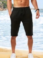 New Men'S Shorts, Summer Sweat-Absorbent And Breathable Solid Color Casual Beach Drawstring Shorts. - Image 2