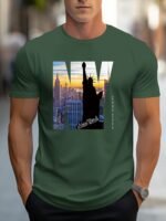 Men'S Casual Crew Neck T-Shirt With Ny City Skyline Print, Alphabet Slogan, Polyester Knit Fabric, Slight Stretch, Regular Fit, Summer Wear - Mbdmbd - Image 3