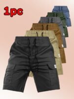 Everyday Comfort Cargo Shorts 1Pc Men'S Summer Cargo Shorts - Durable Polyester, Elastic Drawstring Waist, Large Pockets, Knee-Length With Reinforced Stitching - Image 2