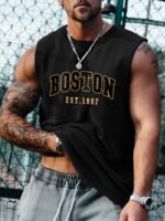Obm Same Bond Men'S Sleeveless Athletic Tank Top With Boston Est. 1997 Print - Black & Golden, Regular Fit, Machine Washable, All-Season Workout & Casual Wear, Sports Apparel, Sporty Look, Nontransparent Fabric - Image 2