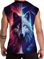 Men'S Oversized Wolf Print Sleeveless T-Shirt - Neon Blue & Black Wolf Howling At Camera Design, Breathable Sleeveless Gym Shirt For Summer Fitness, Basketball Training, Casual & Night Out - Comfortable Round Neck Muscle Shirt For Men With Wolf Graphic, Machine Washable, Relaxed Fit, Stylish & Functional For Warm Weather, Ideal For Workouts And Casual Wear, Plus Size - Image 7