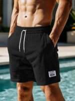 Men'S Casual Corduroy Shorts With Drawstring Waist, Side Pockets, And "California" Print - Black, Polyester, All-Season Wear For Outdoor Activities