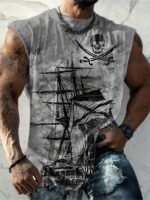 Men'S Plus Size Pirate Ship Graphic Tank Top - Breathable Polyester, Street Style Sleeveless Shirt For Summer, Plus Size - Image 4