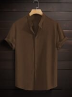 Men'S Summer Breeze Green Short-Sleeve Button-Up Shirt - Casual, Breathable Polyester With Stand Collar, Ideal For Daily Wear & Beach Vacations - Image 3
