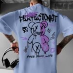 Men'S Streetwear Graphic T-Shirt - Loose Fit Round Neck Summer Tee With Bold "Perfect Not" Bear & Hearts Design, Light Blue Casual Urban Fashion Top For Casual Attire, Streetwear Fashion | Bold Graphic Tee | Comfortable Fit, T Shirt Stylish