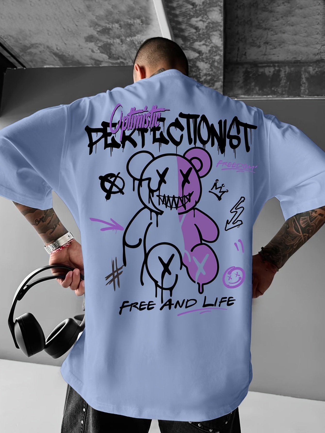 product-fancy-491e5223-5131-4a12-b4ba-a05b3add7bad.jpg Men'S Streetwear Graphic T-Shirt - Loose Fit Round Neck Summer Tee With Bold "Perfect Not" Bear & Hearts Design, Light Blue Casual Urban Fashion Top For Casual Attire, Streetwear Fashion | Bold Graphic Tee | Comfortable Fit, T Shirt Stylish - Image 1