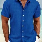 Resort Casual Men'S Plus Size Casual Solid Blue Button-Up Short Sleeve Shirt - Lightweight Polyester, Ribbed Texture, Machine Washable For Summer Comfort, Plus Size