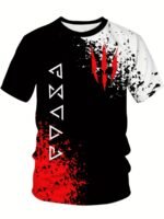 Men'S Large Size T-Shirt, White, Red And Black Geometric Pattern Short Sleeve, Round Neck, Sports Fashion, Soft, Breathable, Comfortable, Suitable For Running And Weekends, Valentine'S Day Gift, New Year Gift, 2025, Plus Size - Image 5