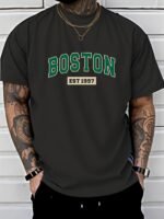 Men'S Boston Est. 1997 Graphic Print T-Shirt, Casual Crew Neck Short Sleeve Tee With Slight Stretch, Regular Fit, Letter Pattern Design, Perfect For Sports Or Leisure Activities, Leisure Clothing | Trendy Crew Neck | Versatile Style - Image 8
