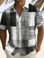 Men'S Plus Size Casual Short Sleeve Shirt - Bohemian Elegant Style With Button Closure, Geometric Striped Print, Slim Fit For Spring/Autumn - Image 3