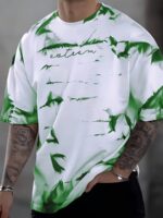 Men'S Casual Short Sleeve T-Shirt - Gradient Ink Splatter & Bird Pattern Design, Green & White Opaque Polyester Blend Knit Fabric, Breathable Round Neck Tee For Spring/Summer Daily Wear & Vacation, Leisure Apparel, Relaxed Fit Shirt, Opaque Material, Plus Size - Image 4