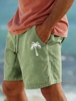 Men'S Cotton Shorts With Drawstring, Casual Palm Tree Print, All-Season, Non-Stretch Woven Fabric, Button Detail, Regular Fit, 110Gsm - Summer Beachwear, Plus Size - Image 2