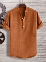 Men'S Solid Color Henley Collar Short Sleeve Shirt, Plus Size - Image 5