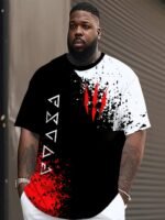 Men'S Large Size T-Shirt, White, Red And Black Geometric Pattern Short Sleeve, Round Neck, Sports Fashion, Soft, Breathable, Comfortable, Suitable For Running And Weekends, Valentine'S Day Gift, New Year Gift, 2025, Plus Size