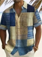 Men'S Plus Size Casual Short Sleeve Shirt - Bohemian Elegant Style With Button Closure, Geometric Striped Print, Slim Fit For Spring/Autumn - Image 5