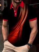 Plus Size Men'S Golf T-Shirt, Popular Retro Style Blue Lines Geometric Elements Design Print Short Sleeve Tennis Tees For Summer, Casual Trendy Tops For Males, Leisurewear For Big & Tall Guys - Image 2