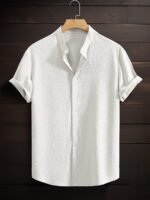 Men'S Summer Breeze Green Short-Sleeve Button-Up Shirt - Casual, Breathable Polyester With Stand Collar, Ideal For Daily Wear & Beach Vacations - Image 10