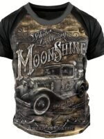 Plus Size, Summer Men'S Vintage Car Graphic Print T-Shirt, Street Style Cool Raglan Short Sleeve Tees For Big & Tall Males