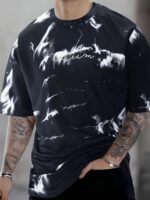 Men'S Casual Short Sleeve T-Shirt - Gradient Ink Splatter & Bird Pattern Design, Green & White Opaque Polyester Blend Knit Fabric, Breathable Round Neck Tee For Spring/Summer Daily Wear & Vacation, Leisure Apparel, Relaxed Fit Shirt, Opaque Material, Plus Size - Image 3