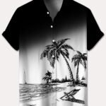 Men'S Plus Size Casual Short Sleeve Hawaiian Shirt - Tropical Beach Scene With Palm Trees, Relaxing Chairs & Sailboat Print, Lightweight Polyester, Easy-Care, Button-Up Collar For Summer Vacation, Plus Size