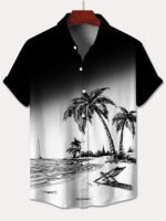 Men'S Plus Size Casual Short Sleeve Hawaiian Shirt - Tropical Beach Scene With Palm Trees, Relaxing Chairs & Sailboat Print, Lightweight Polyester, Easy-Care, Button-Up Collar For Summer Vacation, Plus Size