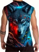 Men'S Oversized Wolf Print Sleeveless T-Shirt - Neon Blue & Black Wolf Howling At Camera Design, Breathable Sleeveless Gym Shirt For Summer Fitness, Basketball Training, Casual & Night Out - Comfortable Round Neck Muscle Shirt For Men With Wolf Graphic, Machine Washable, Relaxed Fit, Stylish & Functional For Warm Weather, Ideal For Workouts And Casual Wear, Plus Size - Image 8