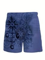 Men'S Plus Size Casual Fashion Novelty Blue Compass Pattern Digital Print Shorts, Non-Stretch Fabric, Regular Fit, Geometric Design, Woven Polyester, Casual Summer Wear, Plus Siz - Image 7