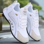 1 Pair Mainalun Men'S Breathable Training Sneakers With Inner Height Increase, Lightweight Lace-Up Low-Top Shoes For Running, Outdoor & Casual Wear - White & Black With Golden Accents, Plus Sizes Available, Gym Shoes, Athletic Footwear, Sporty Look, Durable Pvc Sole - Image 4