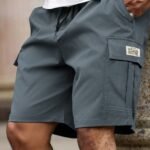 Men'S Work Pants With Letter Patches, Flip Tops, Multiple Pockets, Drawstring Waist, Loose And Casual Shorts