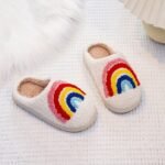 Kids Winter Plush Slippers, Embroidered Rainbow Stripes, Warm Lightweight Breathable Fabric, Round Toe Low Top Tpr Sole, Casual Fashion Slip-On Shoes For Boys & Girls, 14 And Under - Fall/Winter Collection, Thick - Image 2