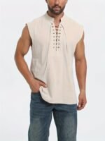 Men'S Plus Size Sleeveless Traditional Chinese Guizhou Shirt - Stand Collar Loose Fit With Drawstring & Button Front Closure, Olive Green Casual Retro Top For Spring Summer Fall, Machine Washable, Plus Size - Image 4