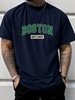 Men'S Boston Est. 1997 Graphic Print T-Shirt, Casual Crew Neck Short Sleeve Tee With Slight Stretch, Regular Fit, Letter Pattern Design, Perfect For Sports Or Leisure Activities, Leisure Clothing | Trendy Crew Neck | Versatile Style - Image 5