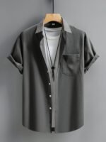 Men'S Casual Short Sleeve Button-Up Shirt - Wrinkle-Resistant Polyester, Dark Gray With Collar & Chest Pocket, Lightweight Summer Wear For Everyday Use, Everyday Shirt | Modern Casual Style | Polyester Fabric, Short Sleeve Tops, Plus Size