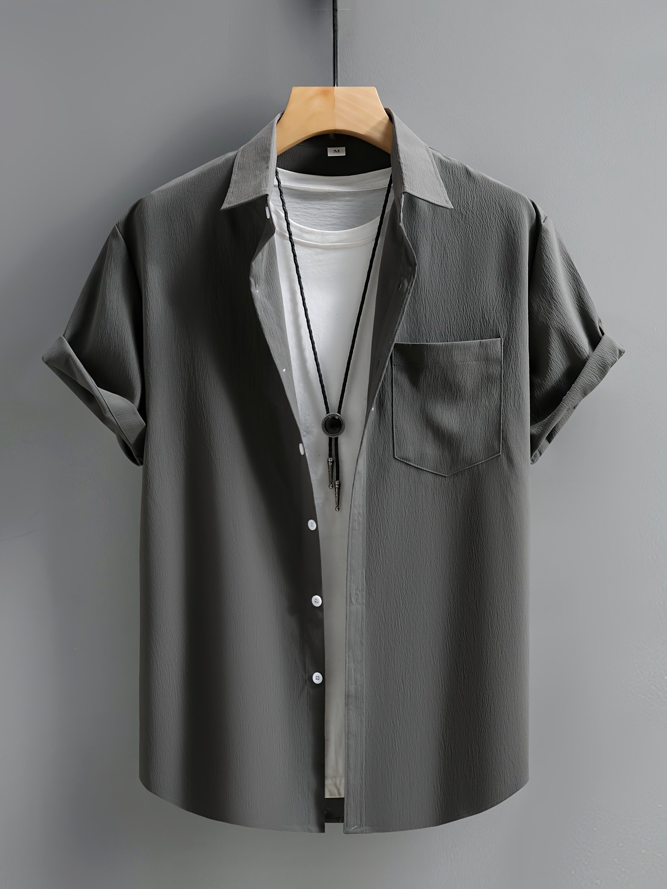 product-fancy-6245a7ac-c489-48a6-b21e-7961989faea8.jpg Men'S Casual Short Sleeve Button-Up Shirt - Wrinkle-Resistant Polyester, Dark Gray With Collar & Chest Pocket, Lightweight Summer Wear For Everyday Use, Everyday Shirt | Modern Casual Style | Polyester Fabric, Short Sleeve Tops, Plus Size - Image 1