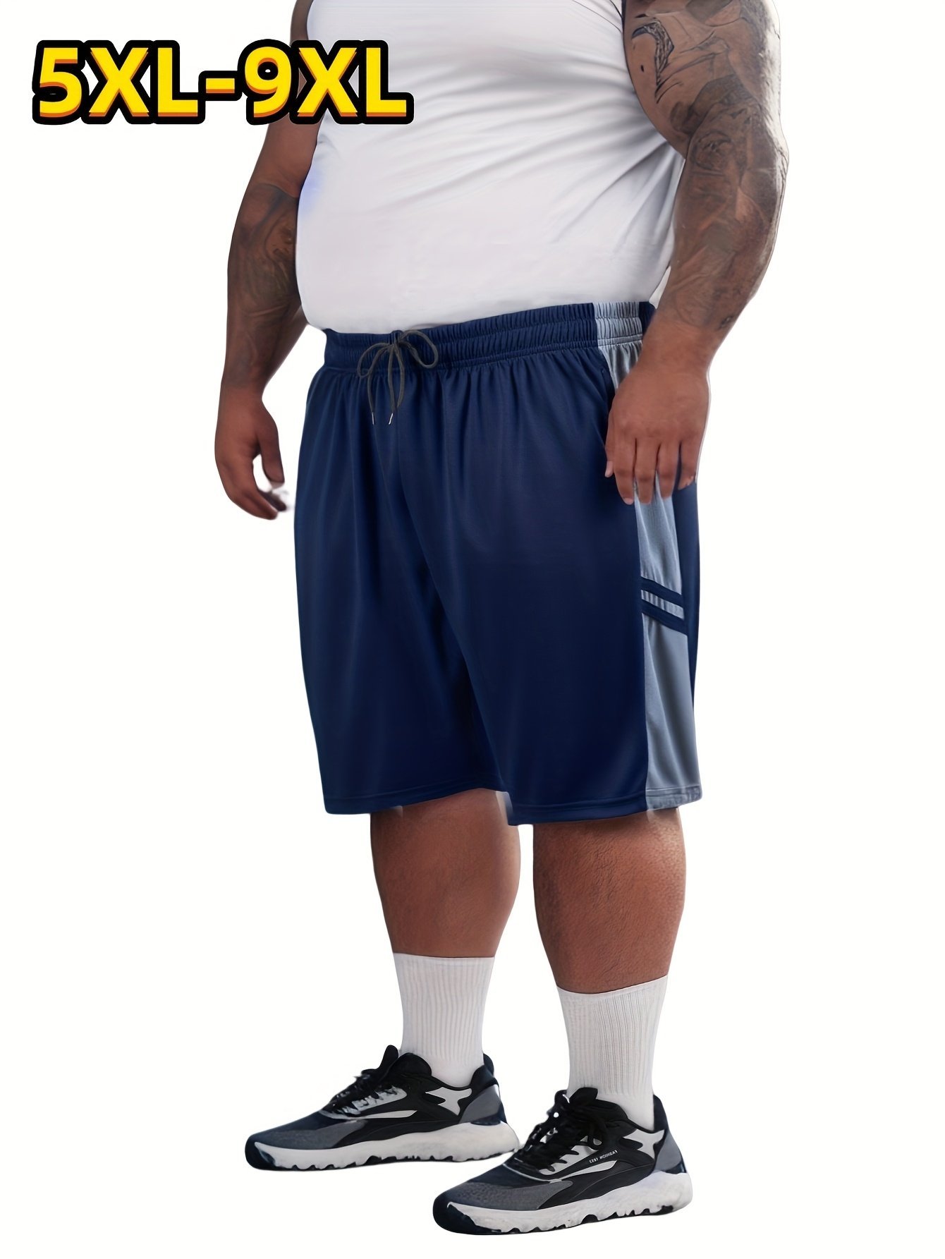 product-fancy-628c87da-f916-4232-900d-067bfd882839.jpg 5Xl~9Xl Plus Size Men'S Elastic Waistband Side Stripe Design Drawstring Casual Shorts, Mesh Fabric Breathable Comfort, Full Stitching, Suitable For Running Basketball And Fitness With Side Pockets, Plus Size - Image 1