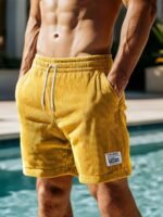 Men'S Casual Corduroy Shorts With Drawstring Waist, Side Pockets, And "California" Print - Black, Polyester, All-Season Wear For Outdoor Activities - Image 9