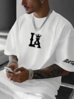 Men'S Plus Size Los Angeles Graphic Print T-Shirt - 3D Crown Design, Stretch Polyester-Spandex Blend, Lightweight 150Gsm, Machine Washable Casual Streetwear Tee, Sporty Tshirt | Urban Fashion | Smooth Texture Shirt, Plus Size - Image 4