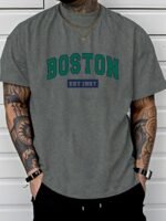 Men'S Boston Est. 1997 Graphic Print T-Shirt, Casual Crew Neck Short Sleeve Tee With Slight Stretch, Regular Fit, Letter Pattern Design, Perfect For Sports Or Leisure Activities, Leisure Clothing | Trendy Crew Neck | Versatile Style - Image 3