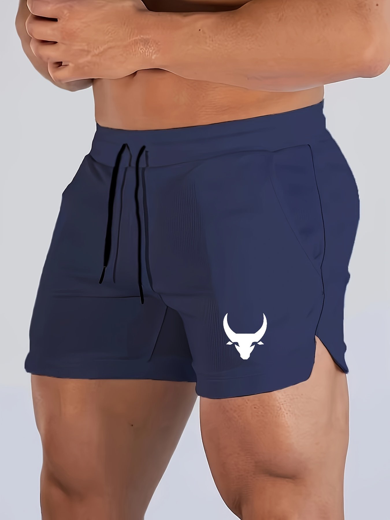 product-fancy-678f7832-7721-4526-923d-a64caa7f705e.jpg Men'S Slim Fit Athletic Shorts With Bull Head Print - Breathable Mesh, Stretch Polyester Fabric For Running, Gym, And Outdoor Activities, Casual Summer Shorts|Slim Fit Shorts|Wireframe Design - Image 1
