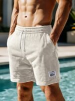 Men'S Casual Corduroy Shorts With Drawstring Waist, Side Pockets, And "California" Print - Black, Polyester, All-Season Wear For Outdoor Activities - Image 4