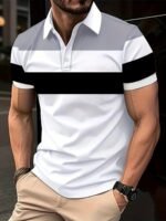 Men'S Casual Polo Shirt, Oversized Short Sleeve, Regular Fit, Fashionable Patchwork Lines Design, 95% Polyester 5% Spandex, Slight Stretch Knit Fabric, All Season Lapel Collar Top, Plus Size - Image 4
