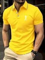 Men'S Short Sleeve Shirt - White With Red Golf Print, Striped Collar & Cuffs, Breathable Summer Golf & Casual Wear, Machine Washable Regular Fit, Durable Fabric - Image 2